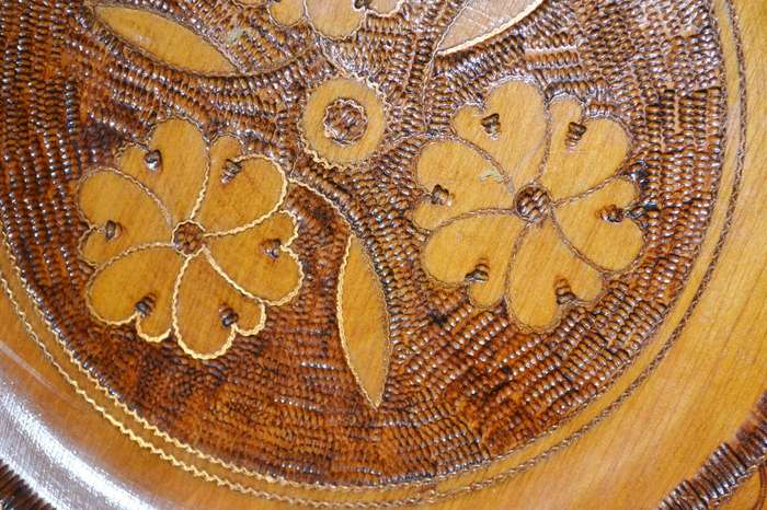True Vintage Wooden Polish Folk Art Plate with Brass Inlay