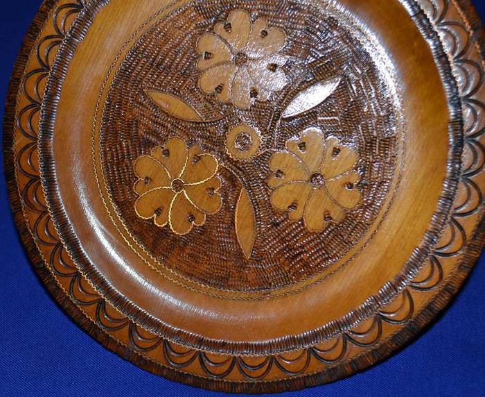 True Vintage Wooden Polish Folk Art Plate with Brass Inlay