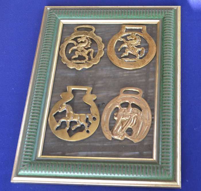 Vintage Horse Brasses Framed on Glass - 4 Pieces