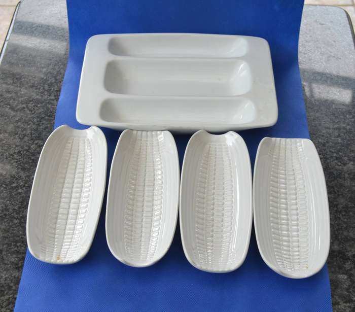 White Porcelain Corn on the Cob Serving Dishes and 3 division Serving Dish