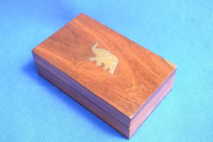 Small Vintage Wooden Card Box with Brass Elephant Inlay