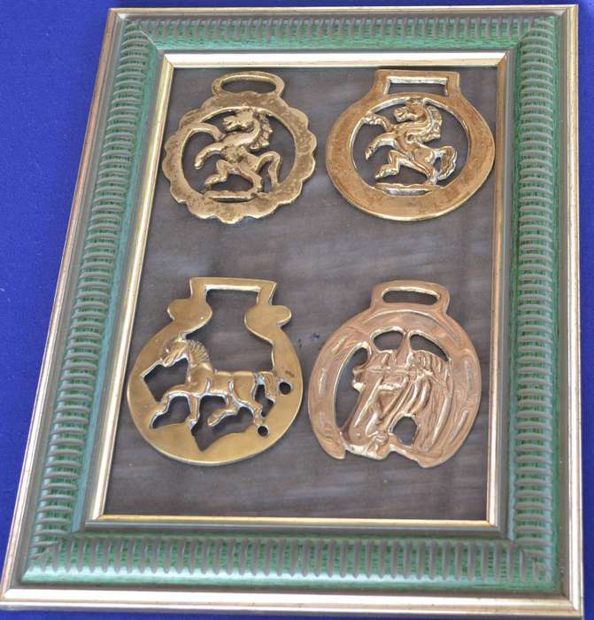 Vintage Horse Brasses Framed on Glass - 4 Pieces