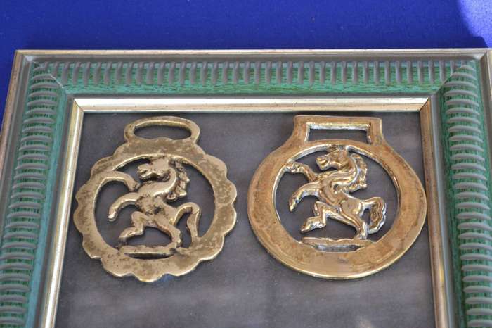 Vintage Horse Brasses Framed on Glass - 4 Pieces