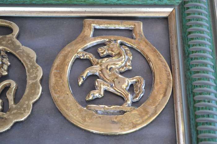 Vintage Horse Brasses Framed on Glass - 4 Pieces
