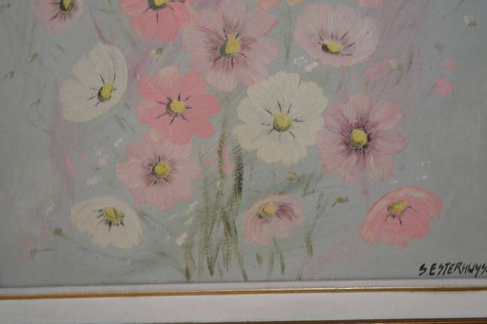 S Esterhuyse Oil on Canvas -Cosmos Flowers