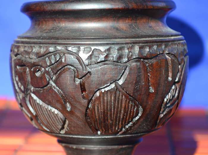 African Hard Wood Carved Vase- Elephant Design