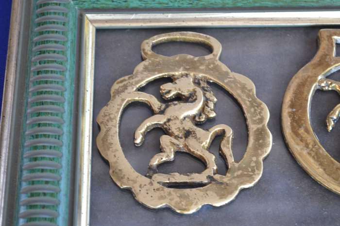Vintage Horse Brasses Framed on Glass - 4 Pieces