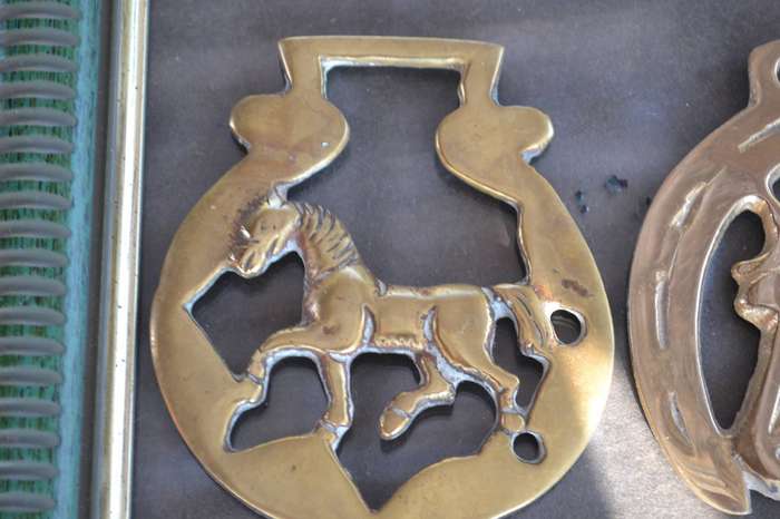 Vintage Horse Brasses Framed on Glass - 4 Pieces