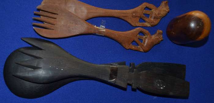 Assorted Vintage wooden salad servers  Wooden Salt and Pepper Shakers