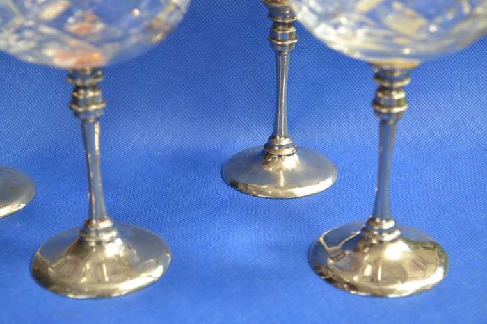 Cut Crystal Wine Glasses with Silver Plate Stem and Base x 5
