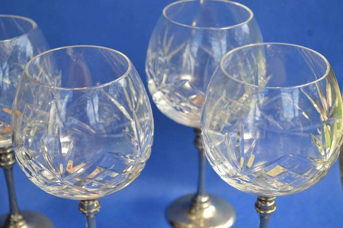 Cut Crystal Wine Glasses with Silver Plate Stem and Base x 5
