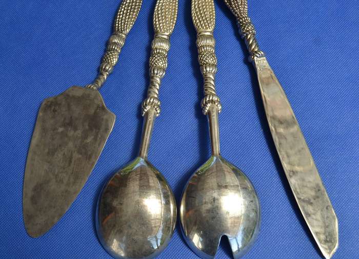 Vintage Silea Silver Plate salad Serving Set, Cake Knife and Lifter & salt and Pepper Shakers