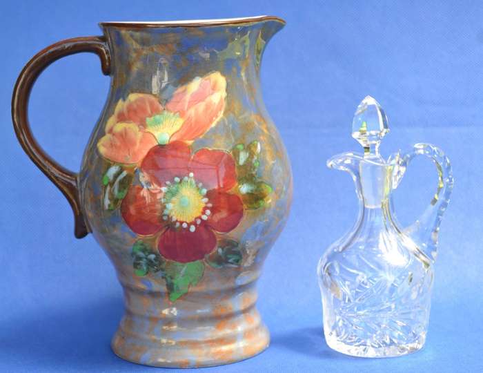 Royal Doulton "Wild Rose" Series Lygon Flower Pitcher & Crystal oil / !Vinegar Dispenser