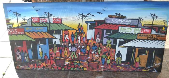 Large Original Painting on Canvas Township Art - Signed Isaac