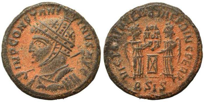 Ancient Roman bronze follis coin minted under Constantine the Great (307 to 337 AD)