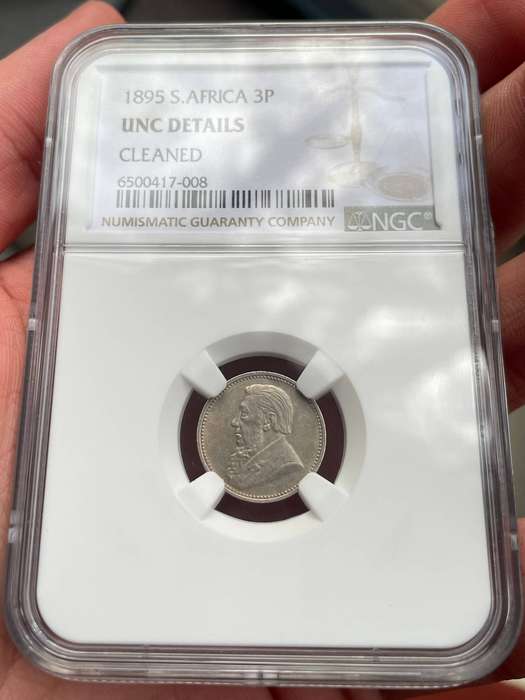 ZAR Paul Kruger 1895 threepence silver coin - NGC graded MS details cleaned