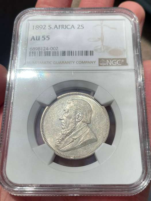 ZAR Paul Kruger 1892 two shillings silver coin - NGC graded AU55