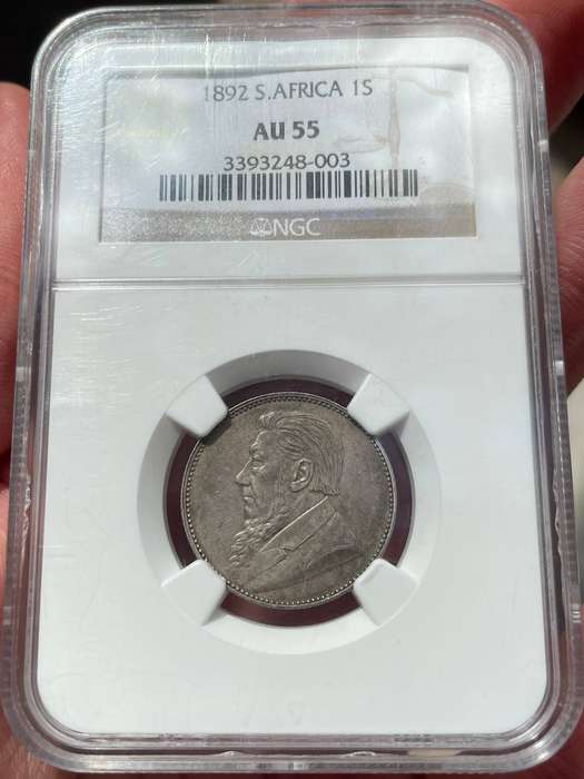 ZAR Paul Kruger 1892 one shilling silver coin - NGC graded AU55
