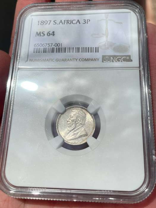 ZAR Paul Kruger 1897 threepence silver coin - NGC graded MS64