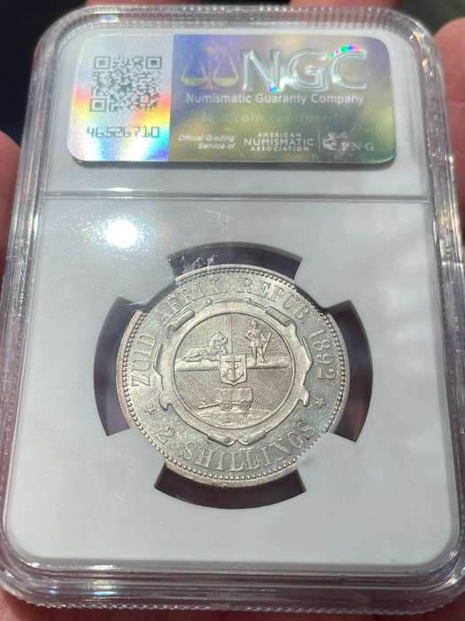 ZAR Paul Kruger 1892 two shillings silver coin - NGC graded AU55
