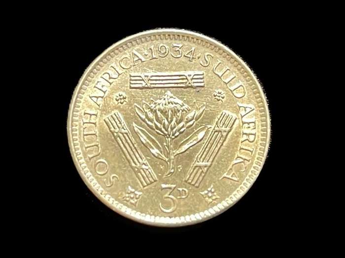 Scarce AU+ or UNC 1934 S.A. Union silver 3 pence (tickey) coin - High UNC value