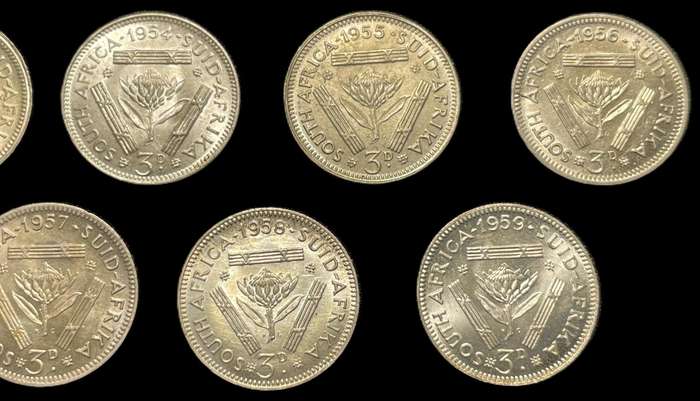 Beautiful complete 1953-1959 SA Union silver 3 pence (tickey) coin set - All are in a good condition