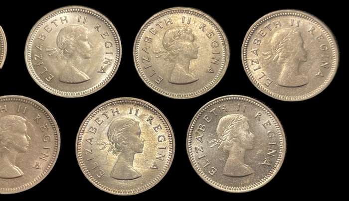 Beautiful complete 1953-1959 SA Union silver 3 pence (tickey) coin set - All are in a good condition