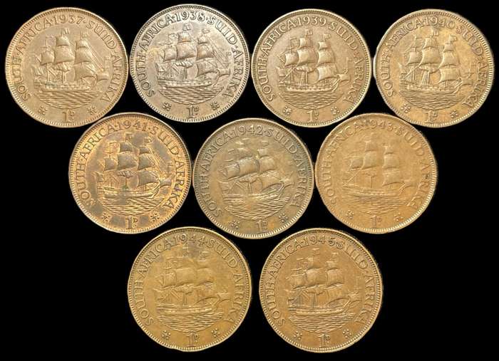 Nicer complete 1937 - 1945 SA Union 1 penny coin set (9 coins) - Some are in a good condition