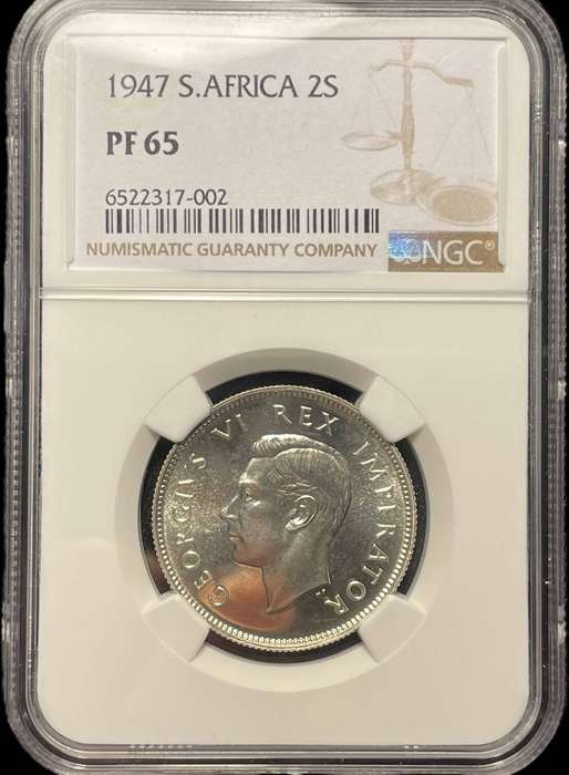 Scarce 1947 SA Union silver 2 shillings coin graded PF65 by NGC - Low total mintage year