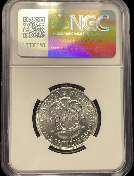 Scarce 1947 SA Union silver 2 shillings coin graded PF65 by NGC - Low total mintage year