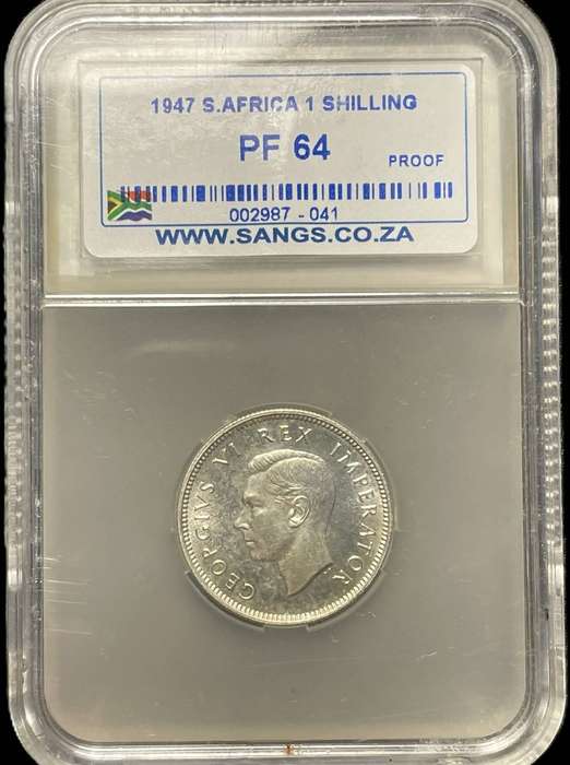 Scarce 1947 SA Union silver 1 shilling coin graded PF64 by SANGS - Low total mintage year