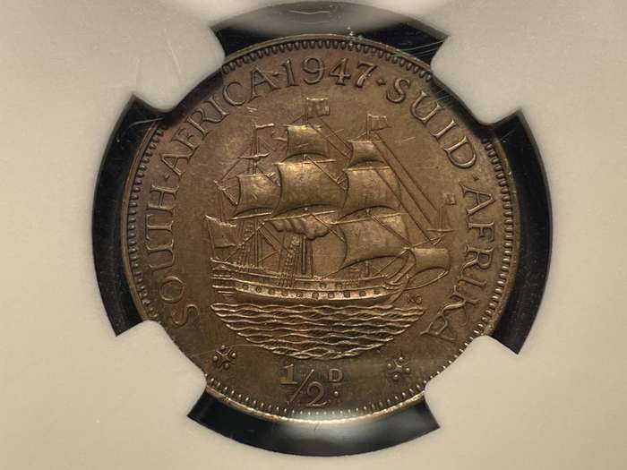 Scarce 1947 SA Union 1/2 penny coin graded PF63BN by NGC