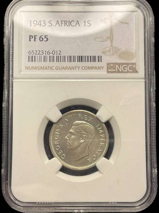 Extremely rare 1943 SA Union silver 1 shilling graded PF65 at NGC - Only 104 Minted - Only 3 Higher