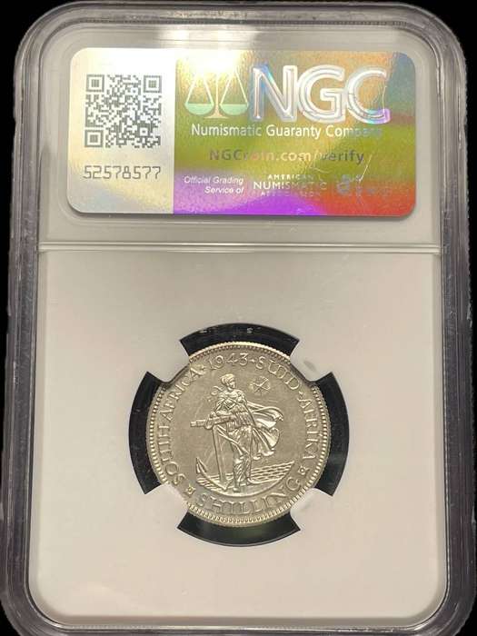 Extremely rare 1943 SA Union silver 1 shilling graded PF65 at NGC - Only 104 Minted - Only 3 Higher
