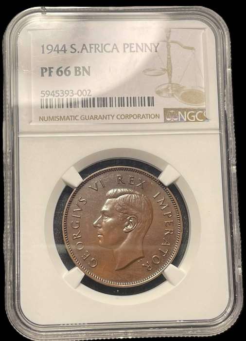 Extremely rare 1944 SA Union proof 1 penny graded PF66BN at NGC - Only 150 Minted - Only 3 Higher