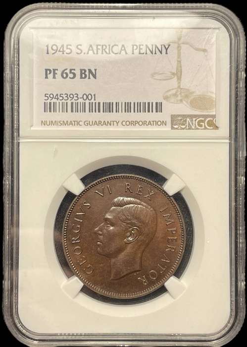 Extremely rare 1945 SA Union proof 1 penny graded PF65BN at NGC - Only 150 Minted - Only 7 Higher