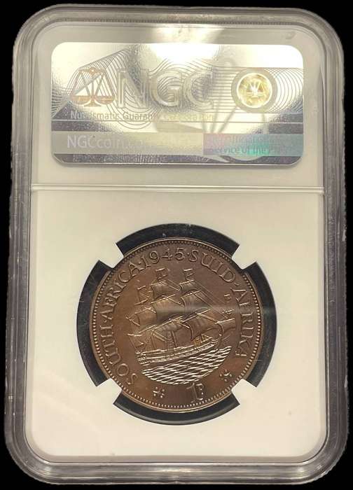 Extremely rare 1945 SA Union proof 1 penny graded PF65BN at NGC - Only 150 Minted - Only 7 Higher