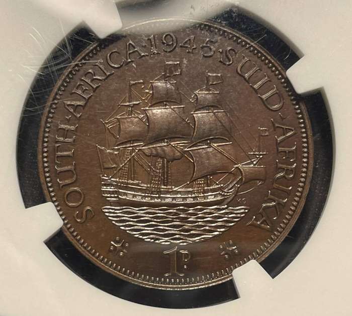 Extremely rare 1945 SA Union proof 1 penny graded PF65BN at NGC - Only 150 Minted - Only 7 Higher