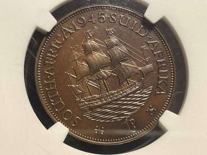 Extremely rare 1945 SA Union proof 1 penny graded PF65BN at NGC - Only 150 Minted - Only 7 Higher