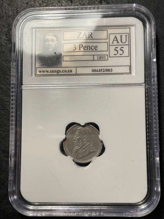 ZAR silver 1893 tickey (3 pence) coin - SANGS graded AU55