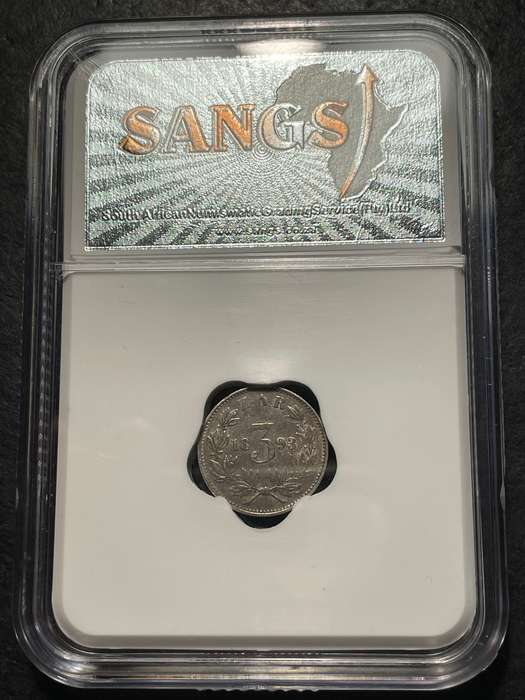 ZAR silver 1893 tickey (3 pence) coin - SANGS graded AU55