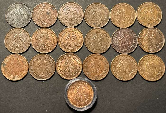 Complete set of SA Union 1/4 penny coins from 1942 to 1960