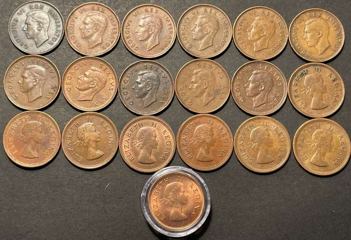 Complete set of SA Union 1/4 penny coins from 1942 to 1960