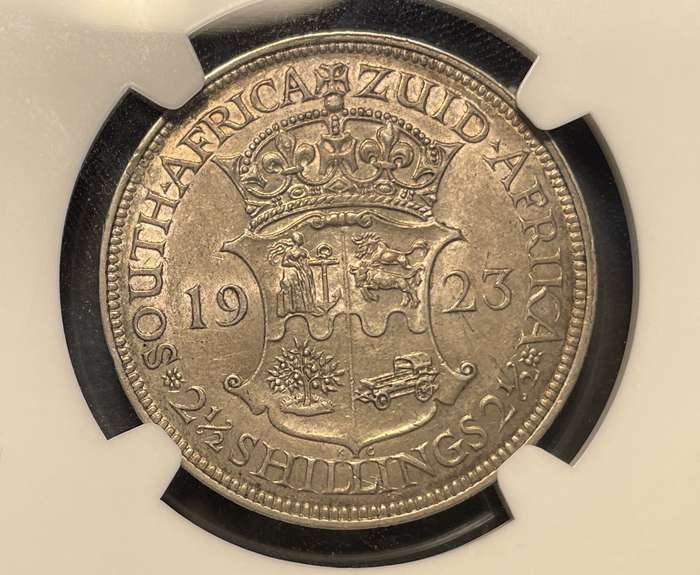 Scarce 1923 SA Union silver 2 ½ shillings coin graded AU50 by NGC