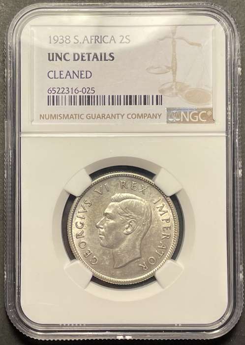 Rare 1938 SA Union silver 2 shilling coin in UNC - Graded UNC Det. by NGC - Catalogue value is R10K