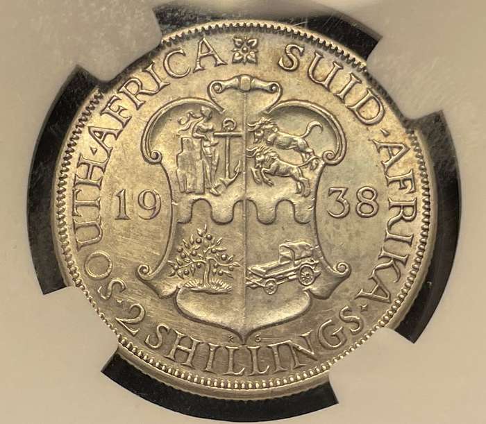 Rare 1938 SA Union silver 2 shilling coin in UNC - Graded UNC Det. by NGC - Catalogue value is R10K