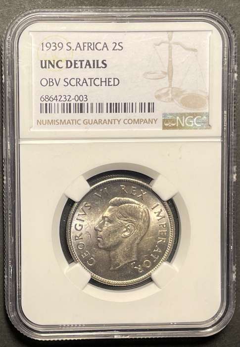 Rare 1939 SA Union silver 2 shilling coin in UNC - Graded UNC Det. by NGC - Catalogue value is R10K