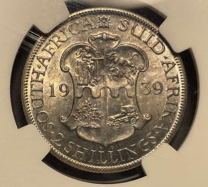 Rare 1939 SA Union silver 2 shilling coin in UNC - Graded UNC Det. by NGC - Catalogue value is R10K