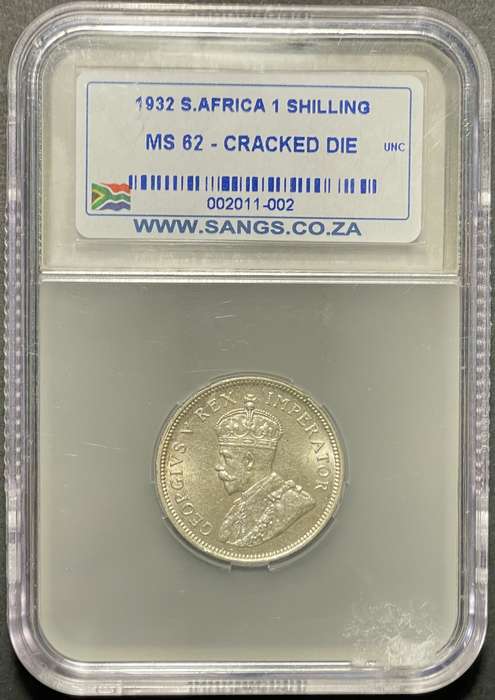 Rare MS 1932 SA Union silver shilling coin - Graded MS62 Cracked die by SANGS - High catalogue value