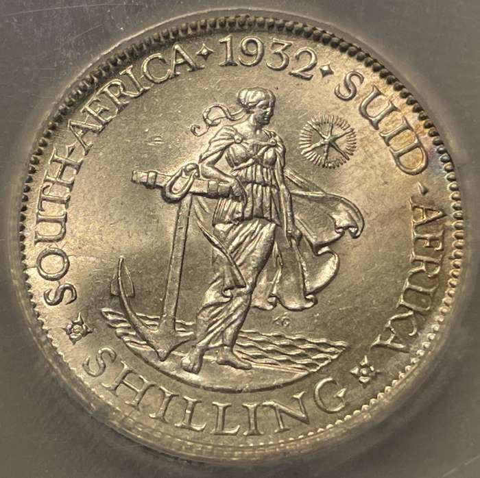 Rare MS 1932 SA Union silver shilling coin - Graded MS62 Cracked die by SANGS - High catalogue value